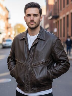 Vintage Distressed Brown Leather Bomber Jacket Soft Broken-in Y2K
